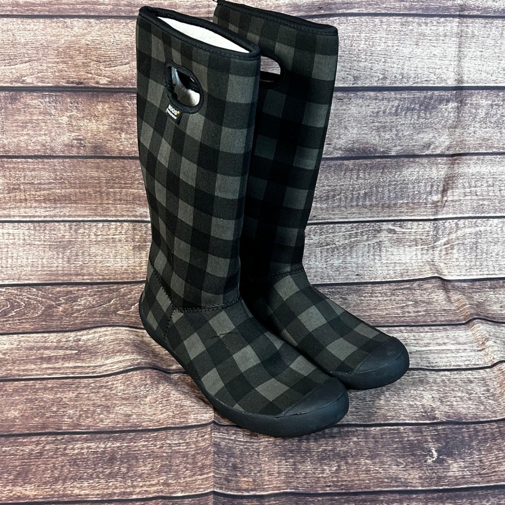 Bogs Summit Buffalo Plaid Waterproof Tall Boots Charcoal Black Womens 10